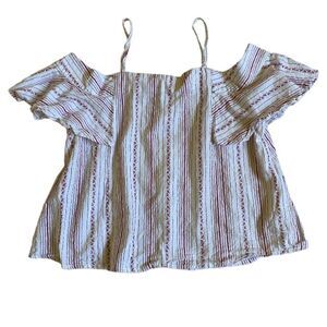 Loveriche Cold Shoulder Top Blouse Size L White Red Stripes Ruffle Sleeves Fairy